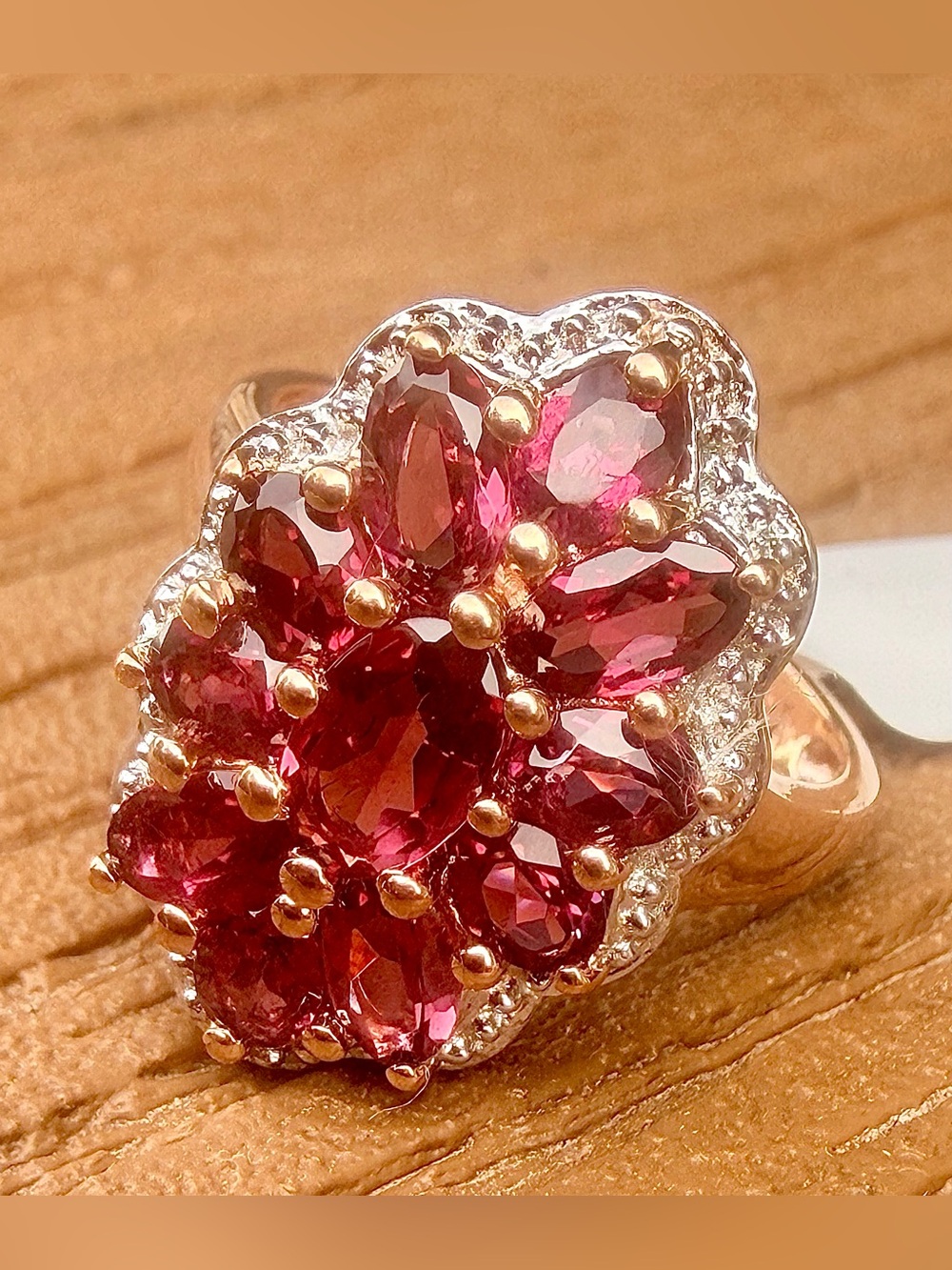 Rhodolite Garnet Flower Ring 14K Rose Gold Plated Size 6 1.26 CTW